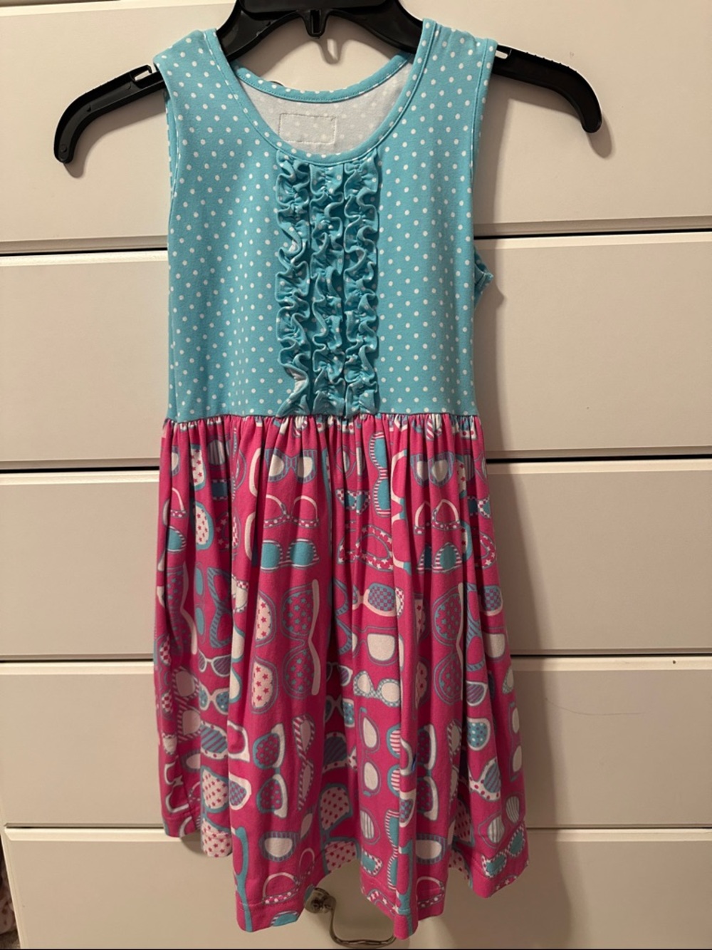 Eleanor Rose Aqua Polka Dot Bodice with Pink Sunglass Print Skirt